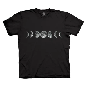 Black tee shirt with seven moon phases in white: the waxing crescent, first quarter, waxing gibbous, full Moon, waning gibbous, third quarter, and waning crescent.