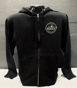 This black fleece zip-up features a circular CMNH logo on the left, with Dippy's silhouette surrounded by the museum name, founding date, and location.