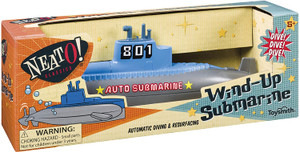 This image shows a box yellow, blue and orange box with an open portion exposing a blue and silver submarine wind up toy.