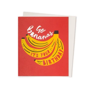 Go Bananas Birthday Card on a red card with yellow bananas