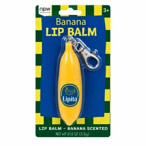 Banana Lip Balm Keychain in packaging