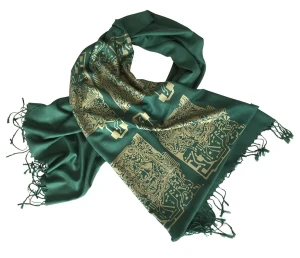 A dark green scarf with a bronze circuit board design screenprinted on it
