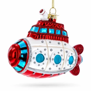 A blown-glass ornament in the shape of a retro-style submarine in 3/4 front view