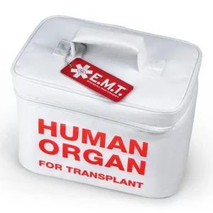 A white lunch box with a "Human Organ for Transplant" label