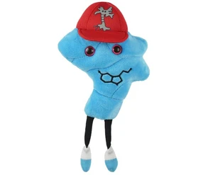 A plush of a serotonin molculenext to its tag