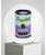 A Pop image of a Campbells Tomato Soup can in turquoise and purple  on a white plate on a square pedestal. A Pop image of a Campbells Tomato Soup can in turquoise and purple  on a white plate on a square pedestal.