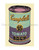 A Campbell's Tomato Soup can with a teal and purple label on a cream background