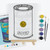 A black and white line drawing of Warhol's Campbell's Soup Can with a yellow medallion in center sitting on a small wooden easel.  A selection of paints and brushes A black and white line drawing of Warhol's Campbell's Soup Can with a yellow medallion in center sitting on a small wooden easel.  A selection of paints and brushes