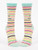 A pair of socks with bright stripes and the phrase "Shhh I'm Over Thinking"
