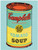 A completed puzzle showing Warhol's Campbells Soup can artwork in teals and yellow. A completed puzzle showing Warhol's Campbells Soup can artwork in teals and yellow.