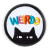 Round patch, black edge stitching, black cat peeking, text: "weirdo".
