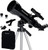Image of a telescope on tripod with its accompanying eye pieces, finderscope, and carrying backpack