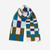 Rectangular-tiled scarf featuring the colors teal, light pink, olive green, light blue, and dark purple.
