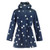 Navy raincoat covered with white polka dots.