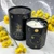 An image of the candle, which is white wax held in a black, octangular glass decorated with golden moon and celestial accents. The candle's packaging a similarly decorated black tube, is next to it.