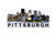 A die-cut Pittsburgh skyline on a white sticker.