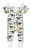shows the front of onesie, with green, gray, black and mustard colored dino skeletons printed on it