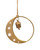 A gold painted metal crescent moon with a bell hanging from a jute rope.
