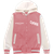 Jacket has pink body with white sleeves and hood. Jacket body has "CMNH" printed on the left side and "Carnegie Museum of Natural History Pittsburgh" printed on the other
