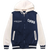 Jacket has navy body with white sleeves and hood. Jacket body has "CMNH" printed on the left side and "Carnegie Museum of Natural History Pittsburgh" printed on right.