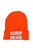 Red knit beanie, white embroidered text "soup mode"