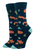 socks, dark teal with light blue toe and heel, small red foxes, trees and mountains are printed on it.