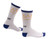 Basquiat white socks with blue trim. Yellow crown on ankle with Basquiat name written below. Side view.