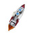 A glass ornament in the shape of a rocket with chrome and red paint