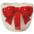 Botique mug, White mug with a red bow-shaped handle.  Rear view