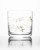 A rocks glass with gold imprints of various molecules found in whiskey