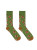 A pair of of green socks, brown heal and toe, footballs pattern