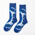 Abstract socks featuring monochrome blue palette inspired by Picasso’s Blue Period. Side view.