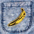 the banana patch on a denim clothing pocket.