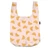 Croissant printed poly shopping bag pictured open, outside of croissant shaped holder.