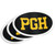 Oval Sticker, black background with white trim, bold gold text that reads "PGH" with a black heart inside of the P.