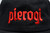 Black cap with red embroidery that says Pierogi
