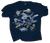 Navy t-shirt features prehistoric sea-dwellers illustrated in bold natural history style. The lineup of ancient marine predators includes Megalodon, Mosasaur, Dunkleosteus, Helicoprion, Archelon, and more. Each species is labeled with its name and geologic era.