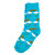 Sky blue crew socks with rainbows and white clouds.