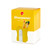 Yellow pen holder that is shaped like a giant pencil sharpener. Photographed in packaging, which is a yellow/ white box with photo on the cover.
