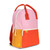 Backpack pink, yellow, orange color block body with white zipper and orange handle. Side view.