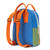 Backpack blue, green, orange color block body with white zipper and orange handle and straps. Back view.