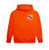 Orange hoodie, front view, featuring small 1 cent artwork in the upper left chest.