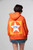 Orange hoodie, back view featuring large graphic of a White star that reads "USA" inside of an orange circle. Photographed being worn by a person.