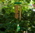 Picture of windchime hanging. Warm cord connects bronze colored tubes to a central hook, while a painted hummingbird acts as the wind sail. The wooden top of the windchime is green like the hummingbird.