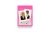 The back of the hot pink packaging with illustrations of 2 playing cards, on being RuPaul and informational text.