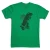 An illustration of an inflated T-rex  riding a Segway cruises in front of a sun motif. The shirt is a kelly green while the screen print image is in black.