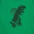 An illustration of an inflated T-rex  riding a Segway cruises in front of a sun motif. The shirt is a kelly green while the screen print image is in black.