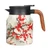 And outside view of the tea kettle. It has an off-white base with an Asian influenced illustration of a sprawling cherry blossom branch in front of distant mountains. The lid of the kettle is black and the handle is natural wood.