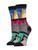 An image of the socks. Split into three distinct areas divided by bold black lines, modern art styled cats smile out. The top cat is orange in front of a blue background. The middle cat is gray with black stripes in front of a hot pink background. The bottom cat is a black and white tuxedo, in front of a bright teal background.