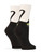 An image of the socks. The upper portion is white, while the lower is black, creating the image of a cat. It has yellow eyes. White lines shape the cat's face, giving it the classic :3 expression. The cat's upright and curled tail is visible on the back of the sock.
